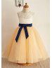 Ivory Lace Champagne Tulle Tea Length Flower Girl Dress